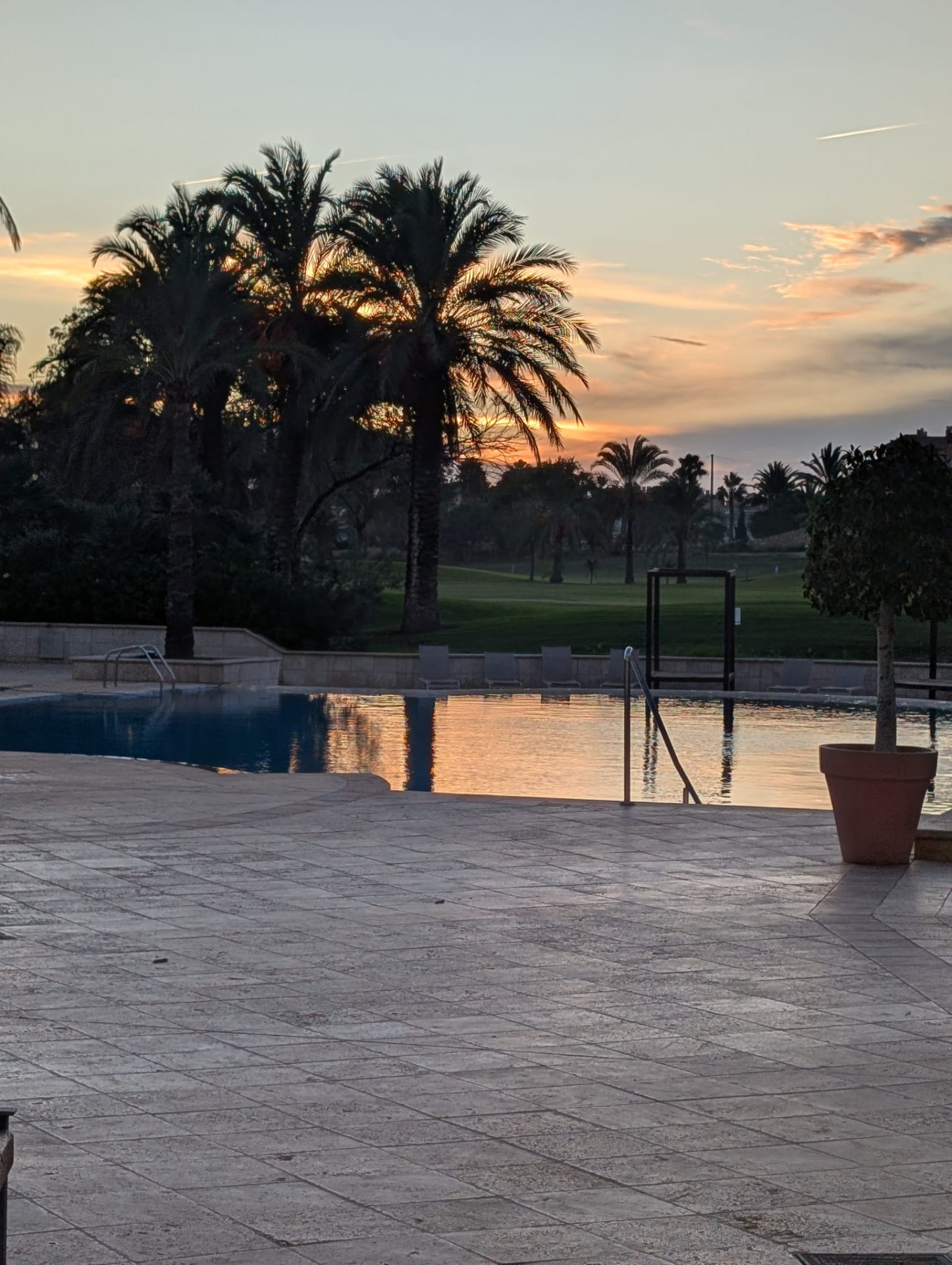 Sonnenuntergang hinter Palmen am Pool des Resorts